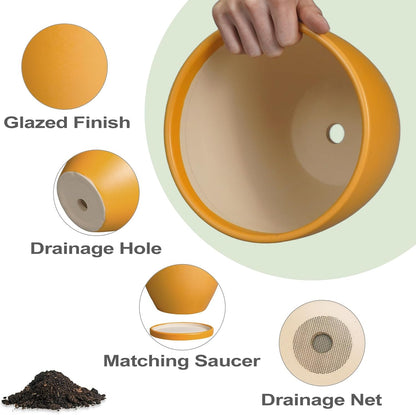 10 Inch Plant Pot - Ceramic Planter with Drainage Hole and Saucer, Modern Flower Pot, Round