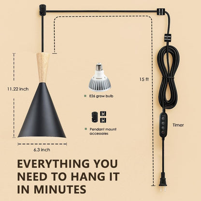 Hanging Grow Lights for Indoor Plants, Full Spectrum, with Timer and 15FT Power Cord, 20W Pendant