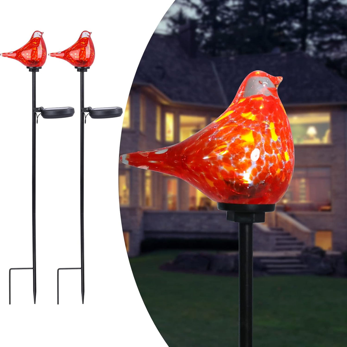 Afirst Solar Outdoor Lights - Decorative Solar Stake Lights Cardinal Handblown Glass Garden Stakes