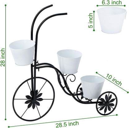 BAYN Bicycle Planter Stand, Metal Flower Pot Cart Holder Tricycle Planter with 3 Plant Bucket