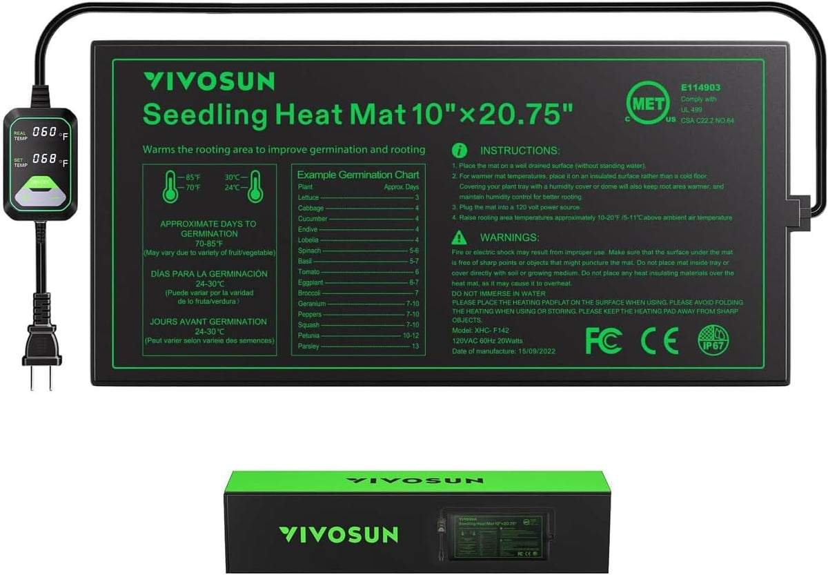 VIVOSUN 10"x20.75" Seedling Heat Mat with Built-in Temperature Controller, UL & MET-Certified