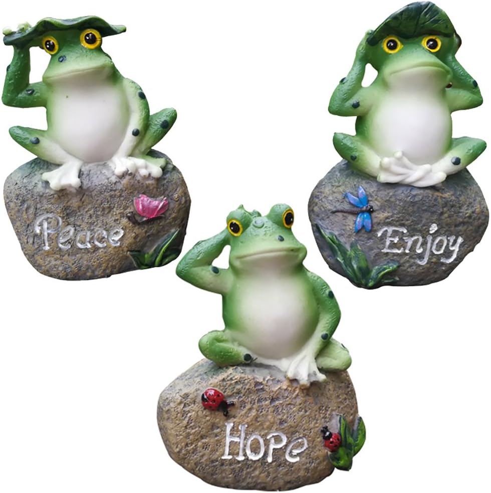 LANKER Frog Garden Statues – 3 Pack 5 Inch Frogs Sitting on Stone Sculptures Outdoor Decor Fairy
