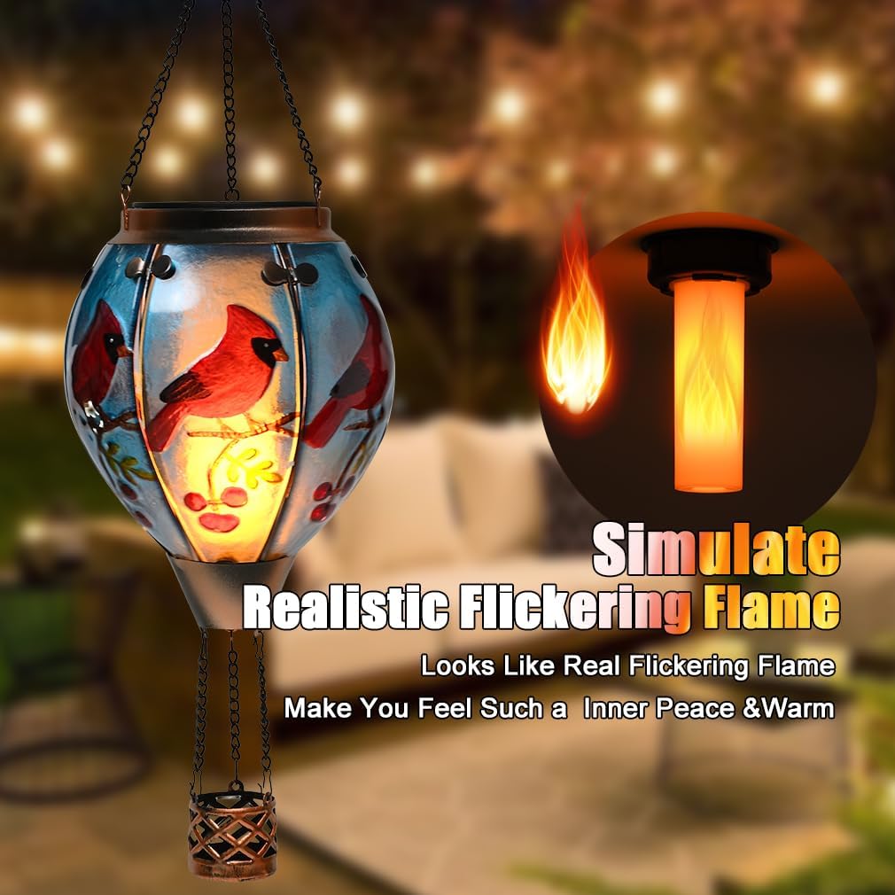 Hot Air Balloon Solar Lantern - Cardinal Bird Glass Lantern, Simulated Flickering & Dancing Flame