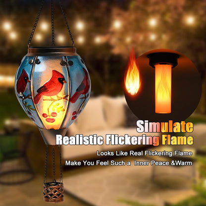 Hot Air Balloon Solar Lantern - Cardinal Bird Glass Lantern, Simulated Flickering & Dancing Flame