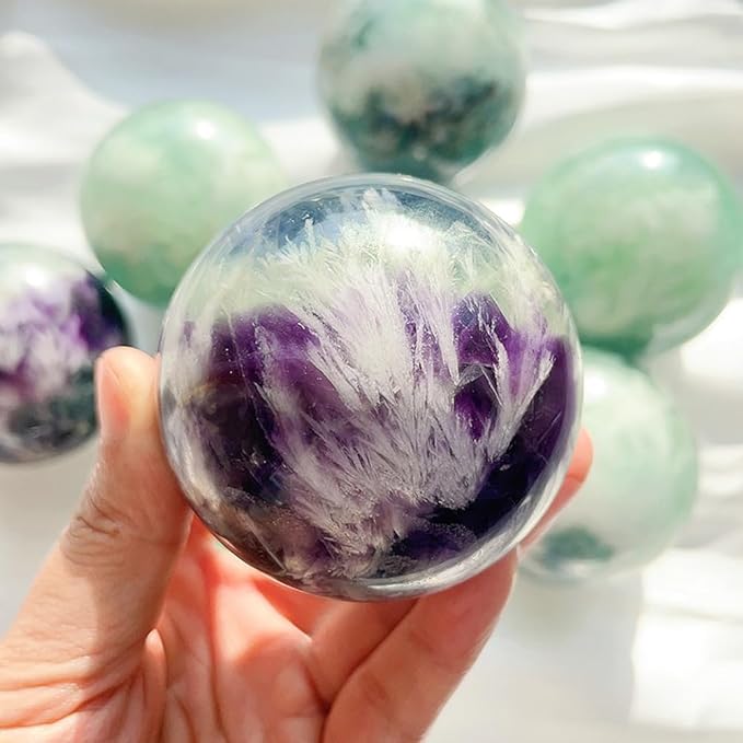 JIC Gem Natural Feather Fluorite Crystal Ball Round Healing Crystals Decorative Sphere with Wooden