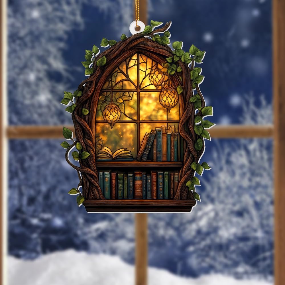 Gothic Window Book Ornament – Stained Glass Style Acrylic Christmas Ornament with Books & Ivy