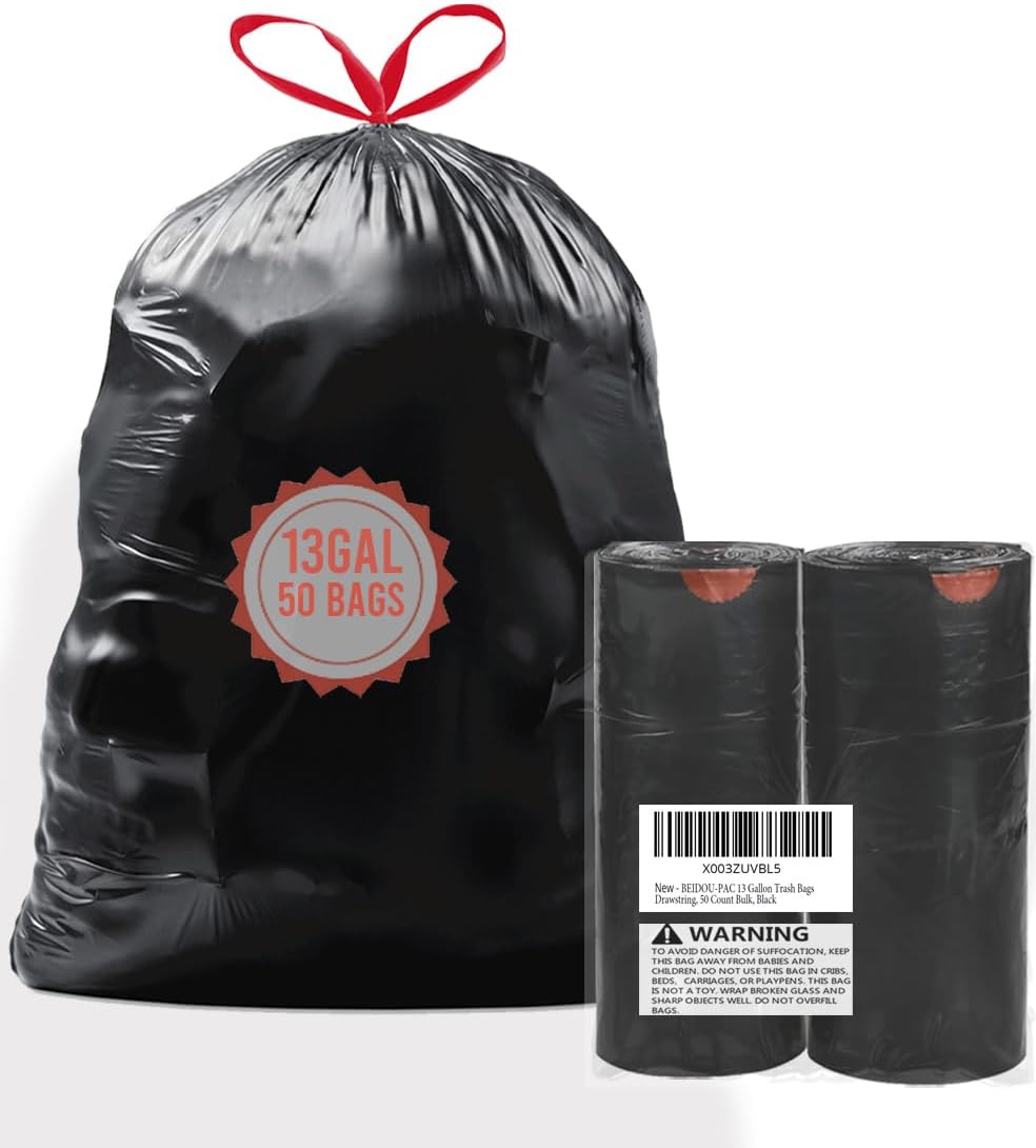 13 Gallon Trash Bags Drawstring, 50 Count Bulk, Black & Unscented Garbage Bags, Multi-purpose Tall