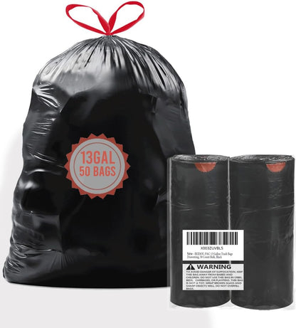 13 Gallon Trash Bags Drawstring, 50 Count Bulk, Black & Unscented Garbage Bags, Multi-purpose Tall