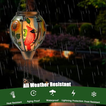 Hot Air Balloon Solar Lantern - Cardinal Bird Glass Lantern, Simulated Flickering & Dancing Flame