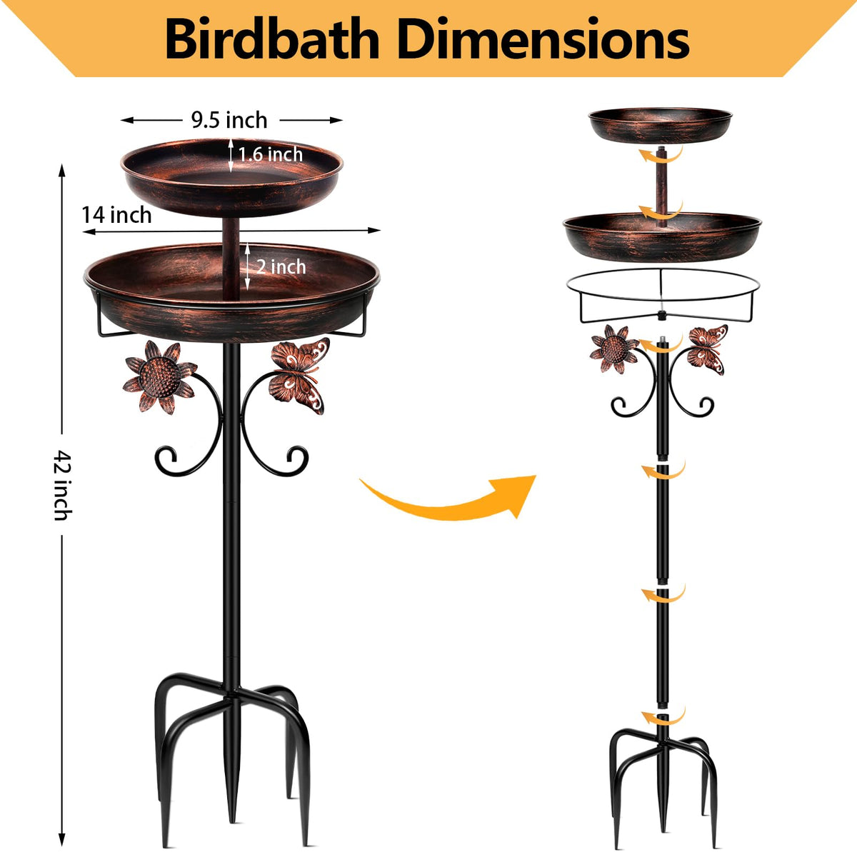 Daoeny Bird Bath for Outside, 42In Vintage Freestanding Birdbaths for Outdoors, Double Metal Bird