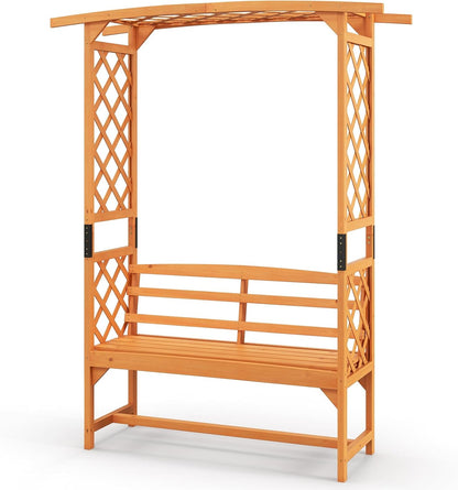 Giantex Garden Arch Trellis with Bench - 63''W x 79''H Wooden Arbor with 2-Person Outdoor Bench