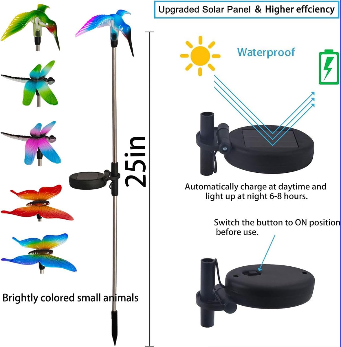 EiGreen 6 Pack Solar Garden Stake Lights Outdoor, Yard Figurine Stake Light, Flower Hummingbird