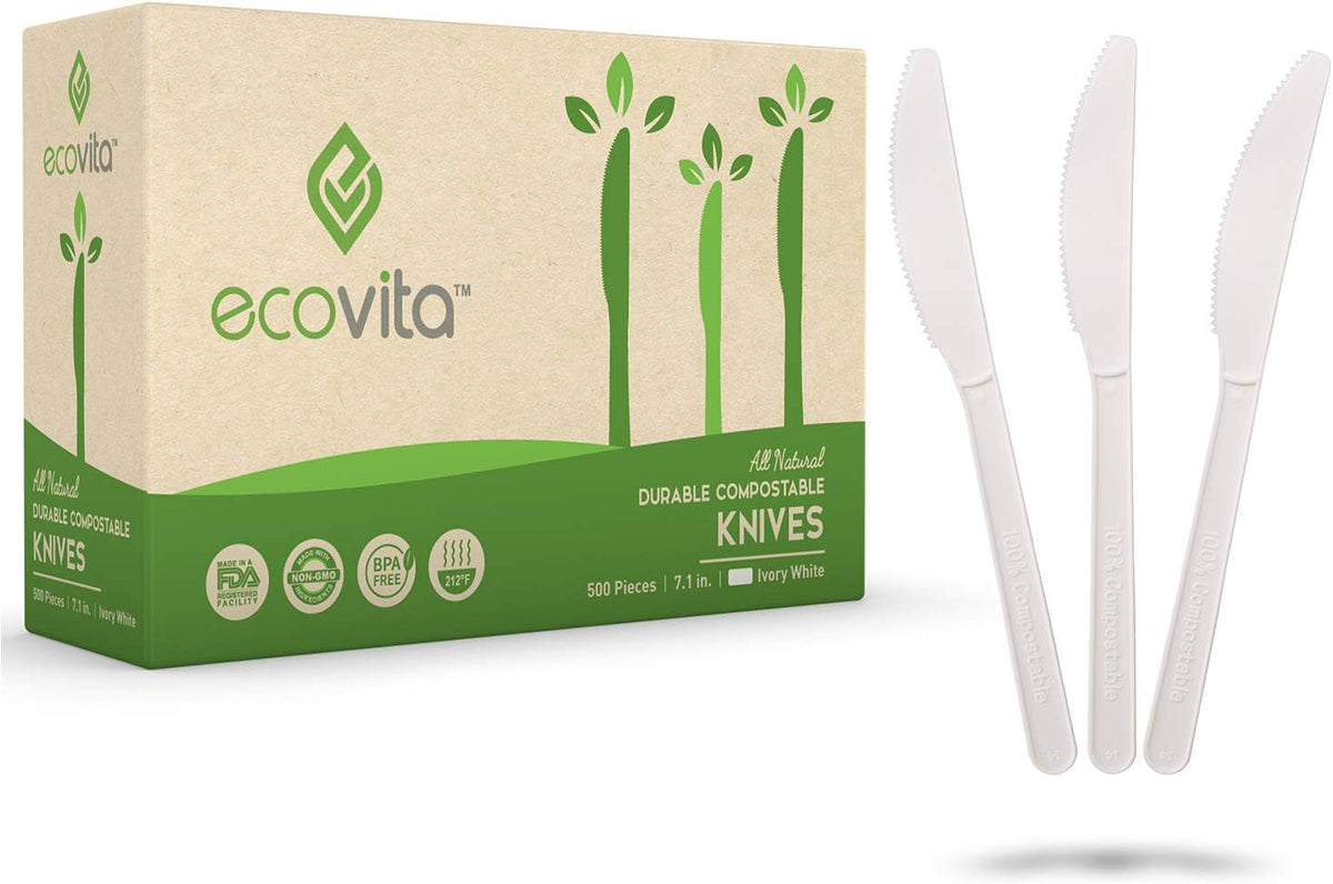 Ecovita 100% Compostable Knives - 500 Large Disposable Utensils (7 in.) Bulk Size Eco Friendly