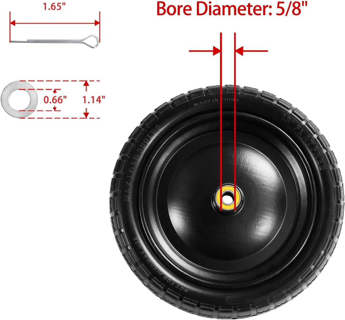 13" Tire Compatible with Gorilla Cart, 4.00-6 Flat Free Solid Tire and Wheel (Solid Polyurethane)