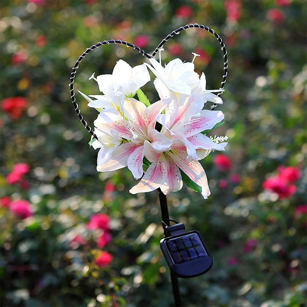 Starryfill Garden Solar Lights Outdoor Heart-Shaped with White Lily Flowers, Metal Stake Lights