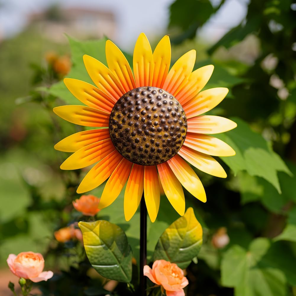 Viveta 2Pack Metal Sunflower Wind Spinner Outdoor,Kinetic Decorative Wind Sculpture wtih Sturdy
