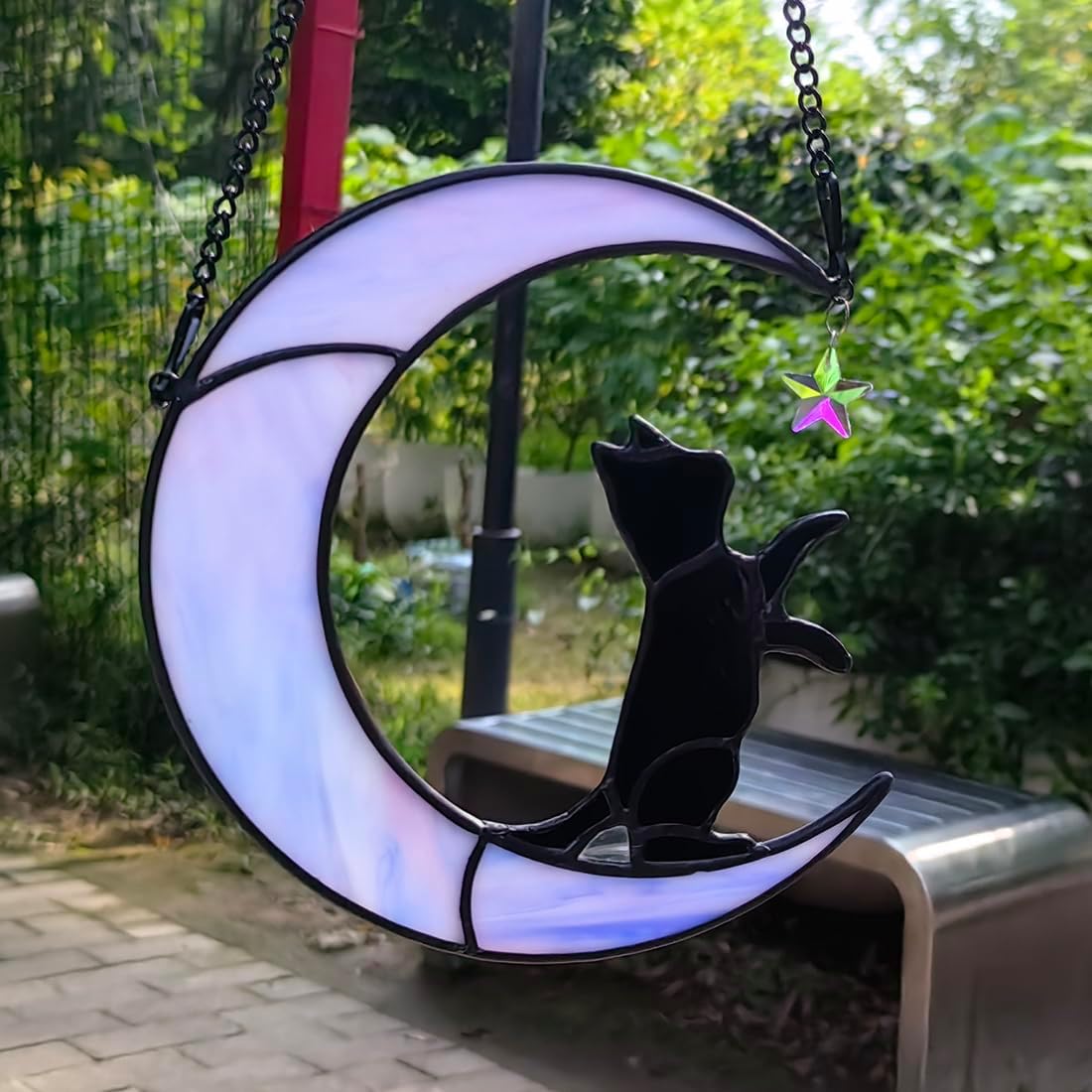 Black Cat Suncatcher for Stained Glass Windows Hanging,6.7“x6.1 Handmade Stained Glass Cat Gifts