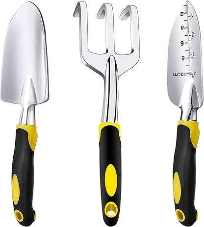 Edward Tools Gardening Hand Tools 3 Piece Set - Heavy Duty Garden Trowel, Transplanter, Hand Rake