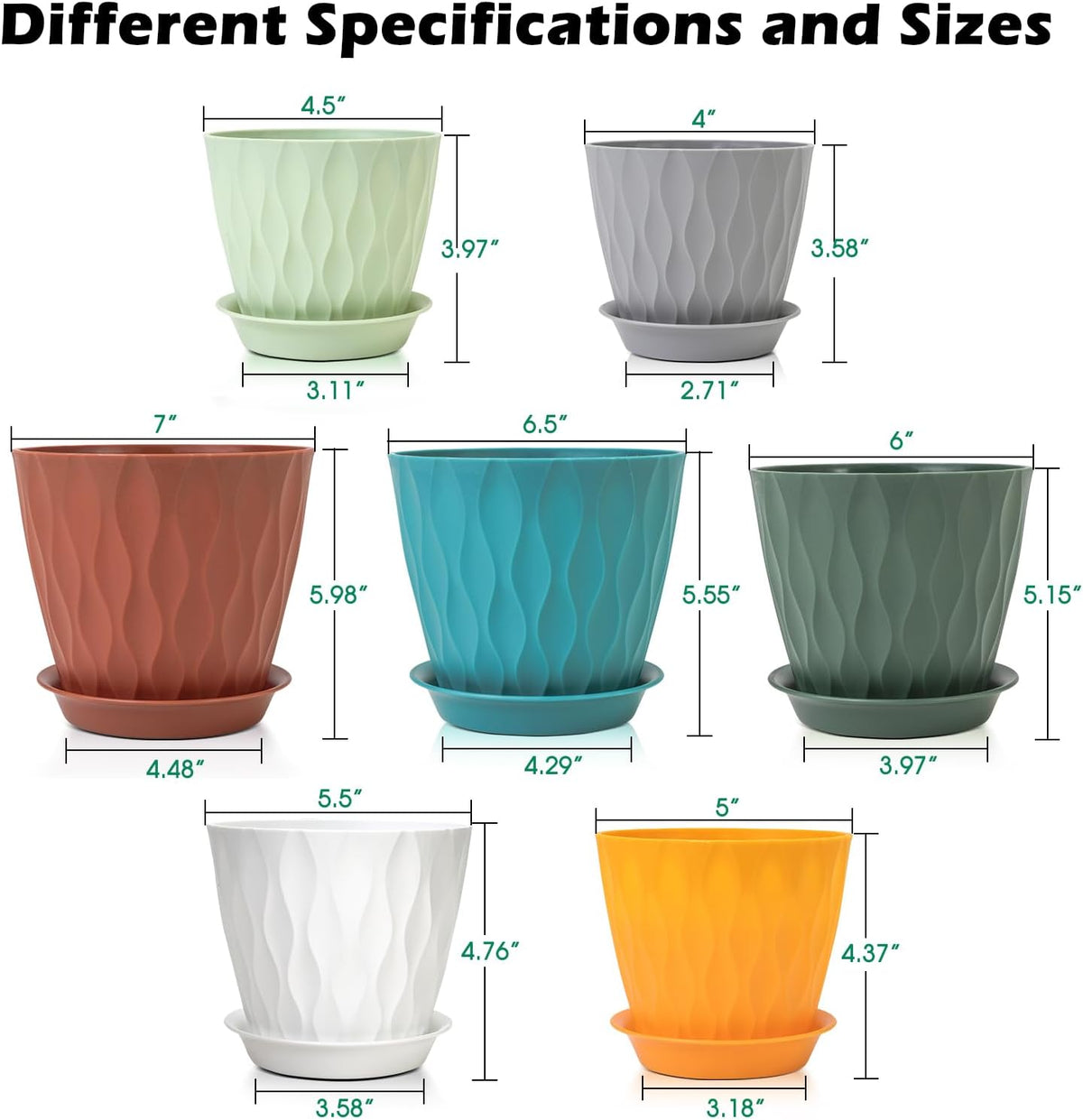 GARDIFE 7/6.5/6/5.5/5/4.5/4 inch Plant Pots, 7 Pack Flower Pots Indoor Outdoor, Planters with