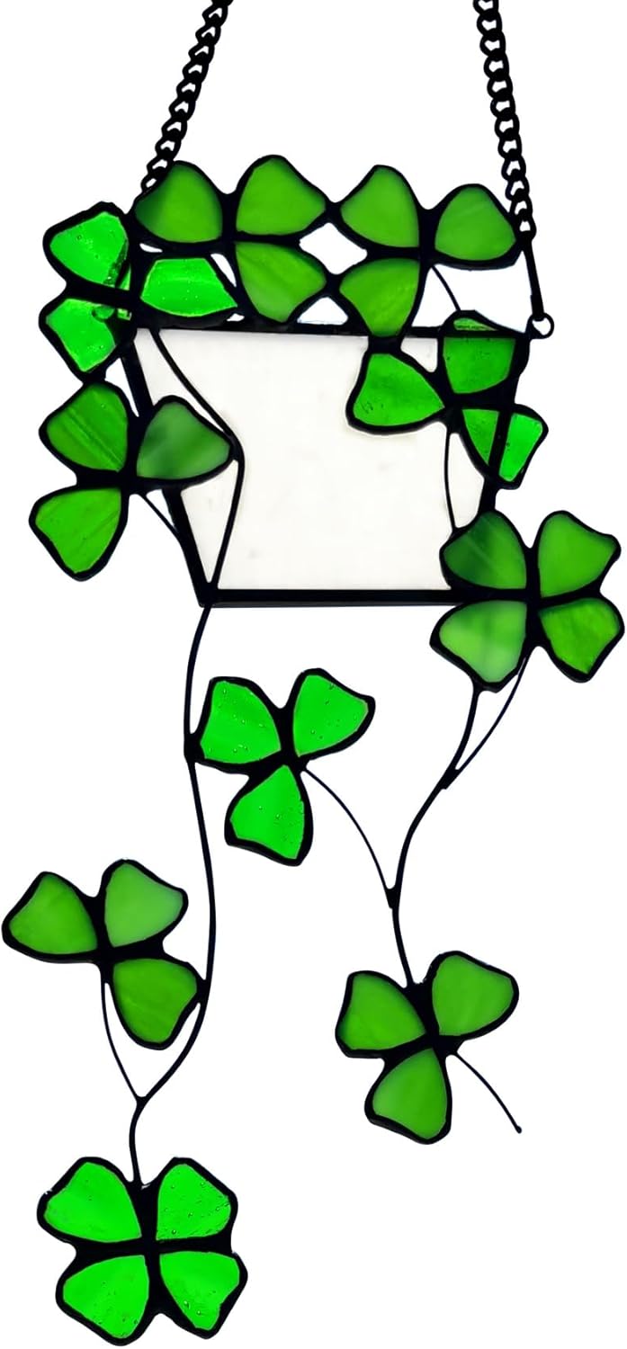 Stained Glass Four Leaf Clover Decor Suncatcher for Window, Artificial Green Plants Stained Glass