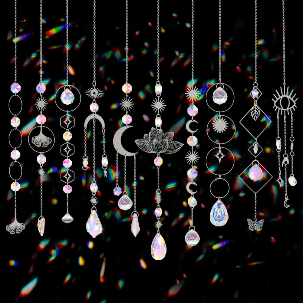 Sun Catchers, 10 Pcs Crystal Suncatcher Prism Hanging Kit with Chain Rainbow Maker Crystals Balls