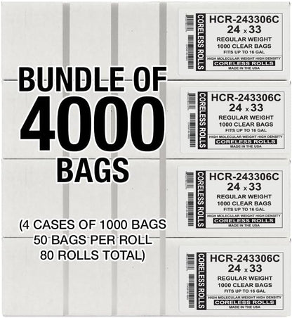 Aluf Plastics High Density Trash Bags, 16 Gallon, 4000 Count, 6 Micron (eq), 24" x 33", Clear, for