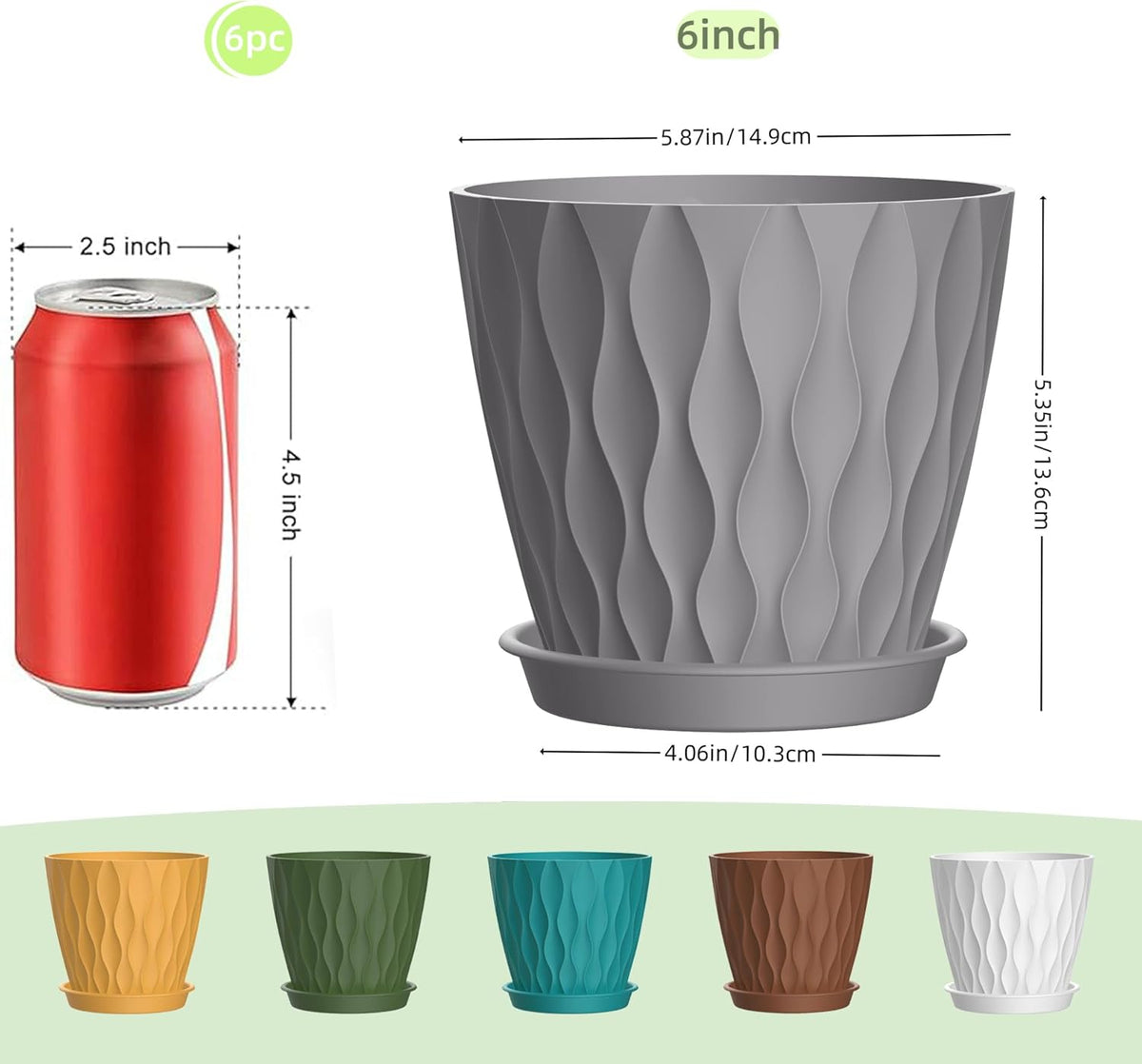 6 Inch Plant Pots, 6 Pack Indoor Flower Pots, Planters with Drainage Holes and Trays for Orchids