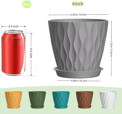 6 Inch Plant Pots, 6 Pack Indoor Flower Pots, Planters with Drainage Holes and Trays for Orchids