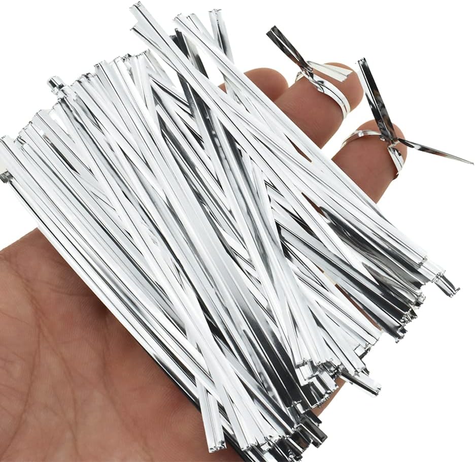 HAHIYO 300Pcs 4 Inches Silver Metal Twist Ties for Bread, Candy, Coffee, Plant Garden, Cellophane