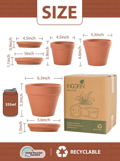 INGOFIN Terracotta Pots Set with Saucer - 5/6/7 inch Ceramic Clay Planters with Drainage Hole