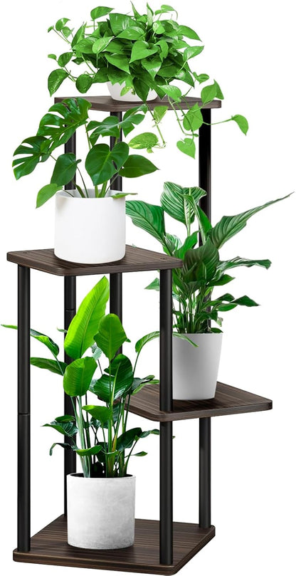 4 Tier Wood Tall Plant Stand Metal Rack Indoor, Multiple Flower Pot Holder Shelves Corner Rack