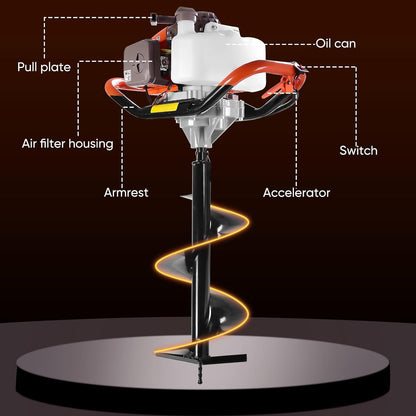 72CC Post Hole Digger, 2 Stroke Auger Post Hole Digger Gas Powered with 2 Augers Drill Bits 6" 8"+1