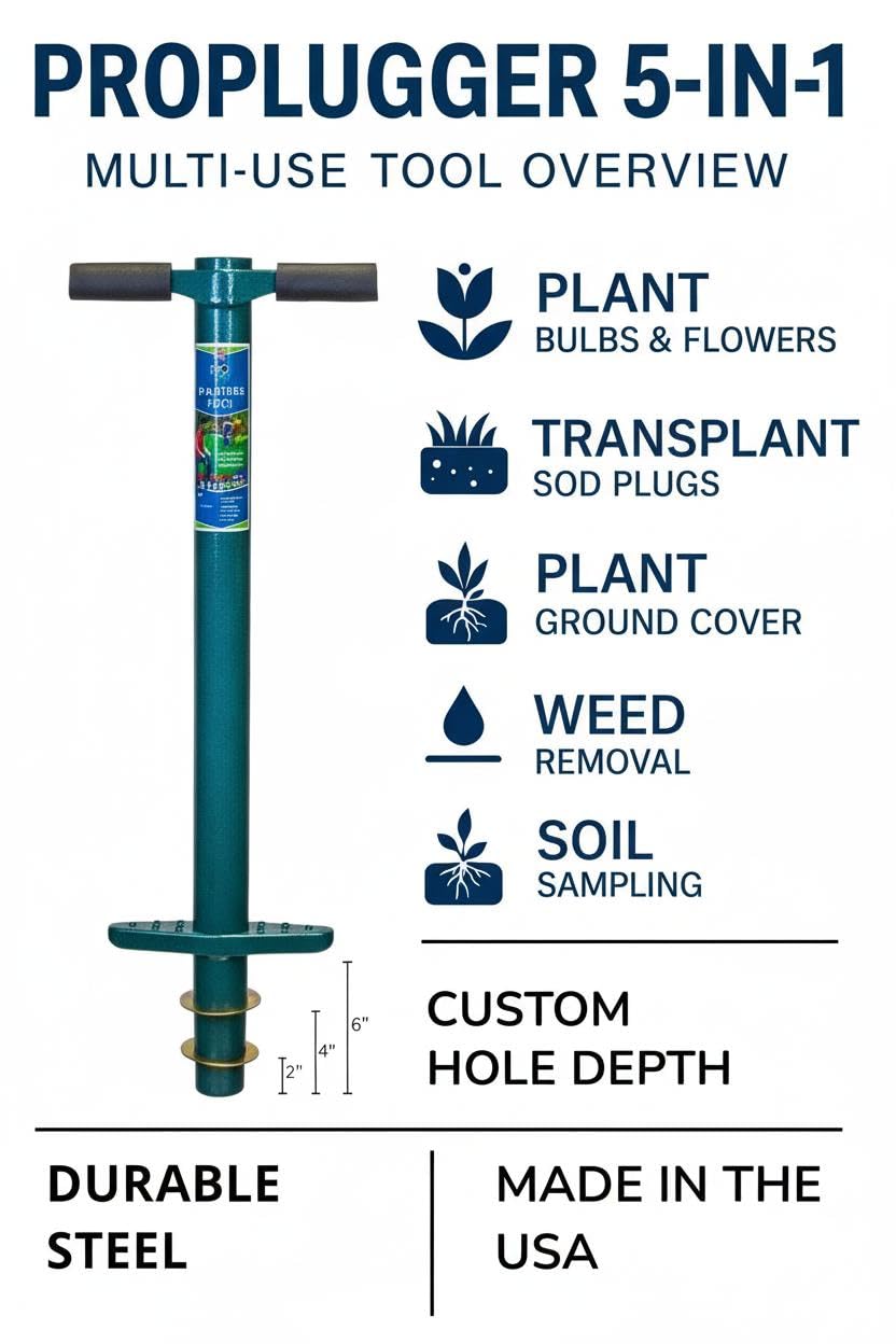 ProPlugger 5-IN-1 Lawn Tool and Garden Tool, Bulb Planter, Weeder, Sod Plugger, Annual Planter