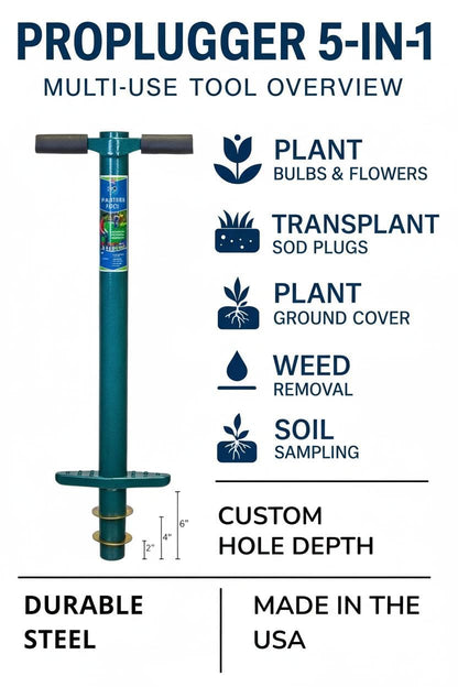 ProPlugger 5-IN-1 Lawn Tool and Garden Tool, Bulb Planter, Weeder, Sod Plugger, Annual Planter