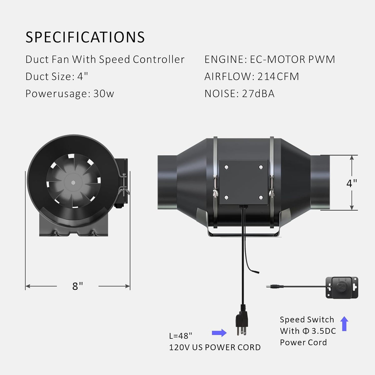 Toolazy Quiet 4" Inline Duct Fan 214 CFM Ventilation Exhaust Fan EC Motor and External 0-100%