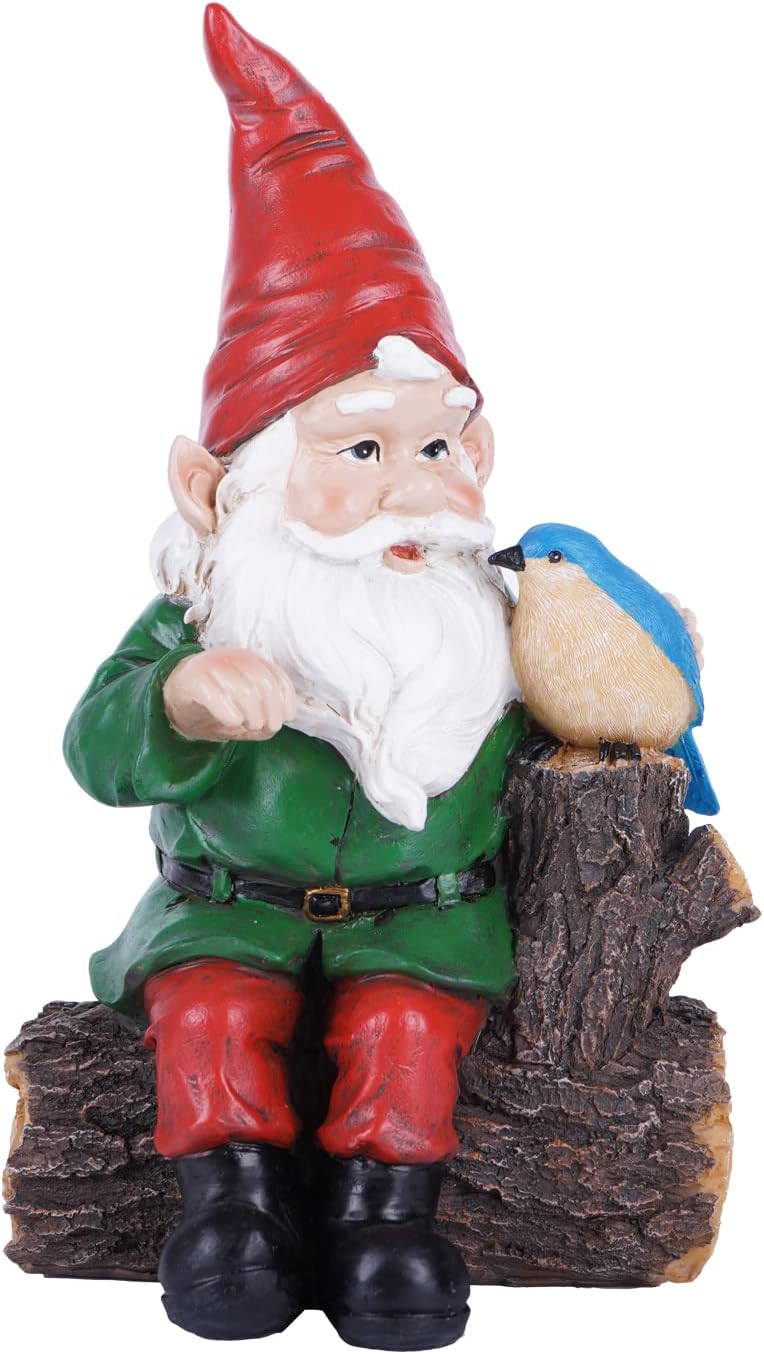 Garden Gnome Statues with Bird Resin Sculpture Gnome Sitting on The Stump Outdoor Statues for