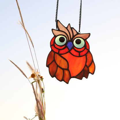 Owl Bird Stained Glass Window Hanging Suncatcher,Bird Decor Wall Art for Living Room Bedroom