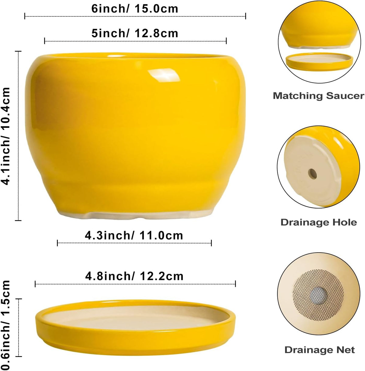 SQOWL 6 Inch Plant Pot - Ceramic Planter with Drainage Hole and Saucer, Modern Ceramic Flower Pots