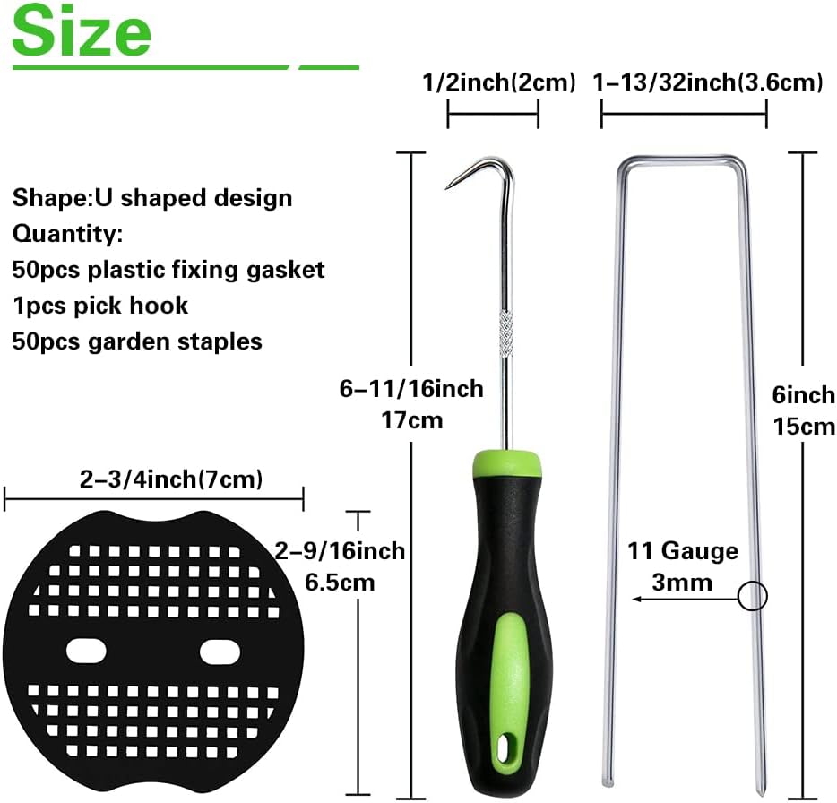 50Pcs Garden Stakes Staples + 50Pcs Gasket, Bakulyor 6 Inch Lawn Landscape Staples 11 Gauge U