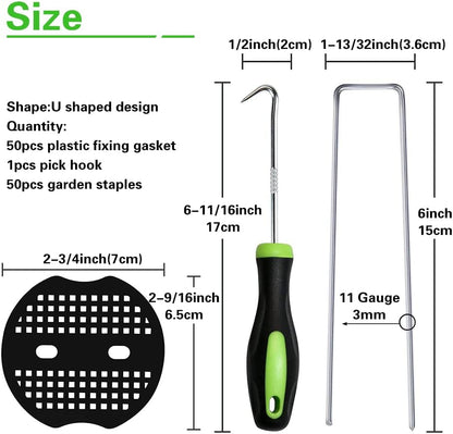 50Pcs Garden Stakes Staples + 50Pcs Gasket, Bakulyor 6 Inch Lawn Landscape Staples 11 Gauge U
