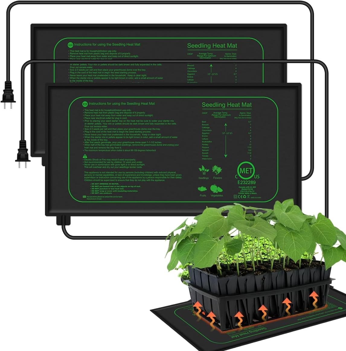 2 Pack Seedling Heat Mat for Seed Starting, 10" x 20.75" 21W Waterproof Heating Pad for Indoor Tray