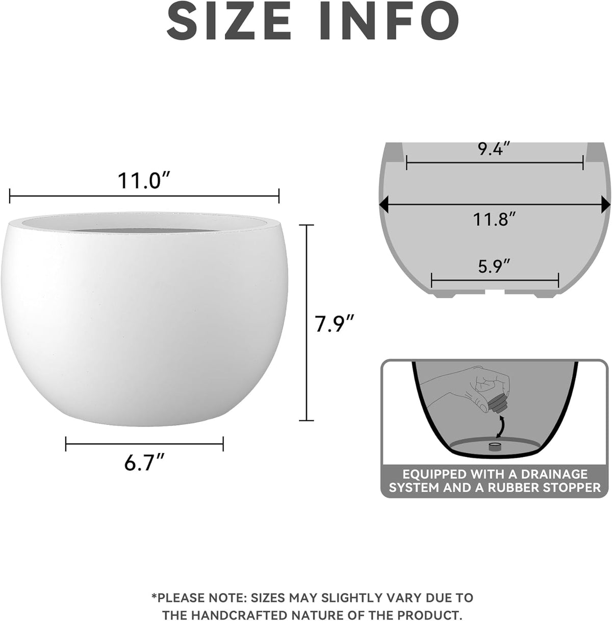 Kante 11.8" Dia Round Concrete Planter, Outdoor/Indoor Large Bowl Plant Pots with Drainage Hole and