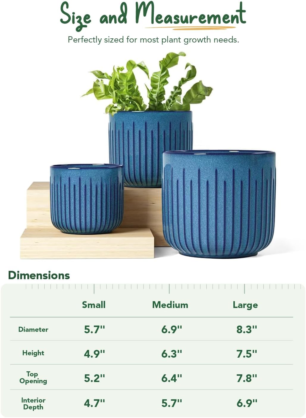LE TAUCI Fluted Ceramic Planters Set of 3 – 8.3/7 / 5.7 in Ocean Blue Reactive Cylinder Indoor