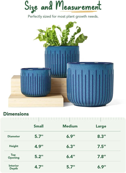 LE TAUCI Fluted Ceramic Planters Set of 3 – 8.3/7 / 5.7 in Ocean Blue Reactive Cylinder Indoor