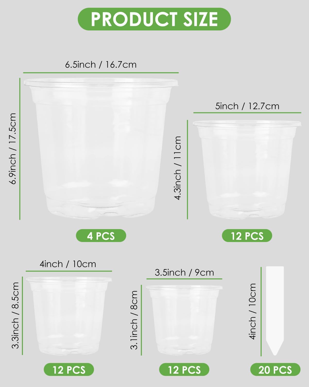 PACETAP 40Pack 6.5/5/4/3.5 Inch Reinforced Clear Nursery Pots with Drainage Holes, Variety Pack