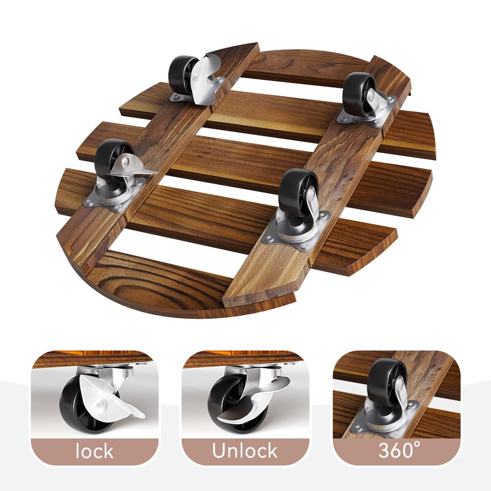 2 Pack 12 IN Wood Plant Caddy, 360 Lock Wheels Indoor Outdoor Heavy Stand