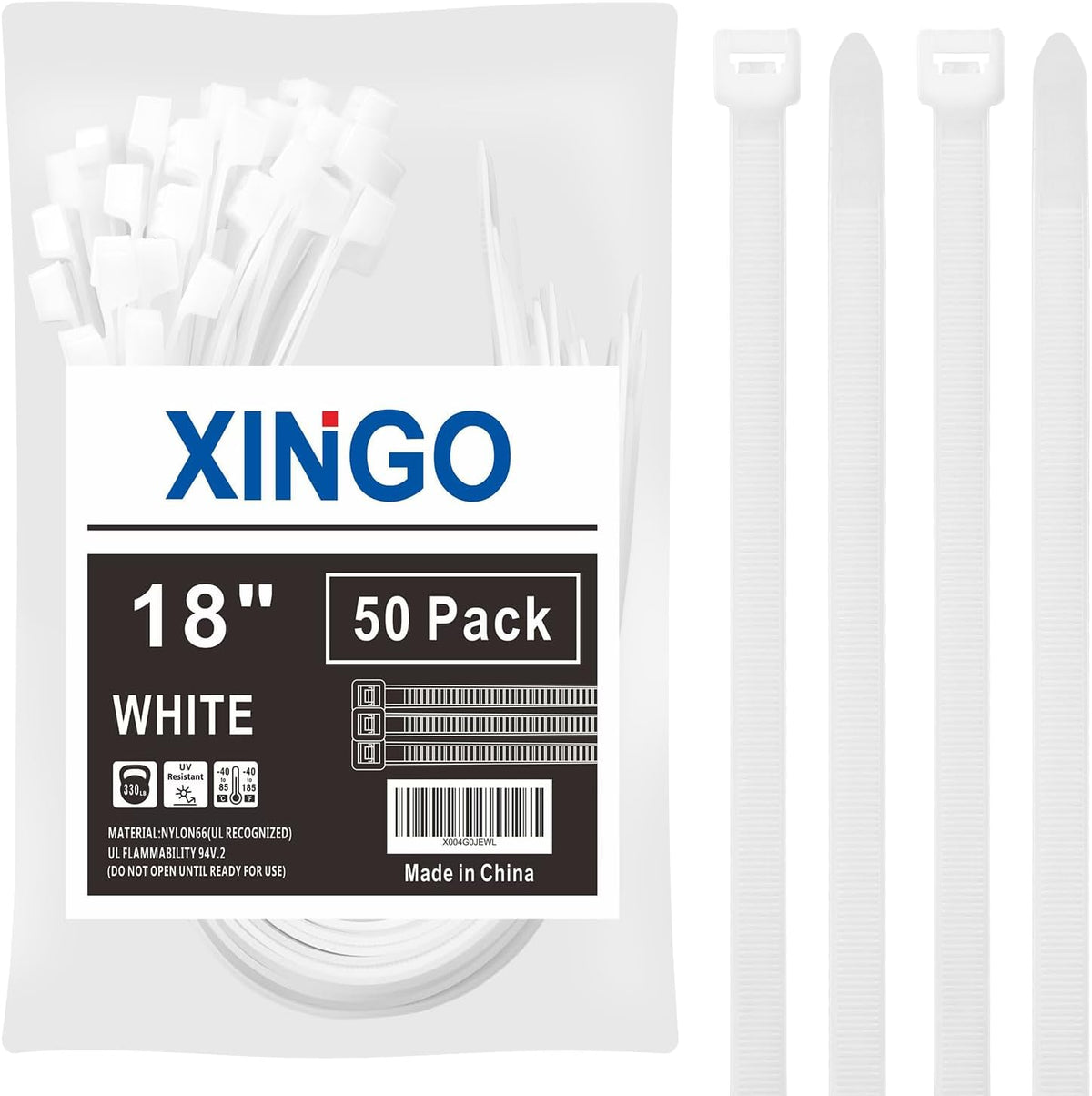 XINGO 18 inch White Large Zip Ties Heavy Duty 50 Pack, 330 LBS Ultra Exclusive Strong Plastic Wire