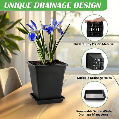 BTPLASTIK 9 Inch Square Planters for Indoor Plants, 8 Pack Large Plastic Plant Pot with Drainage &