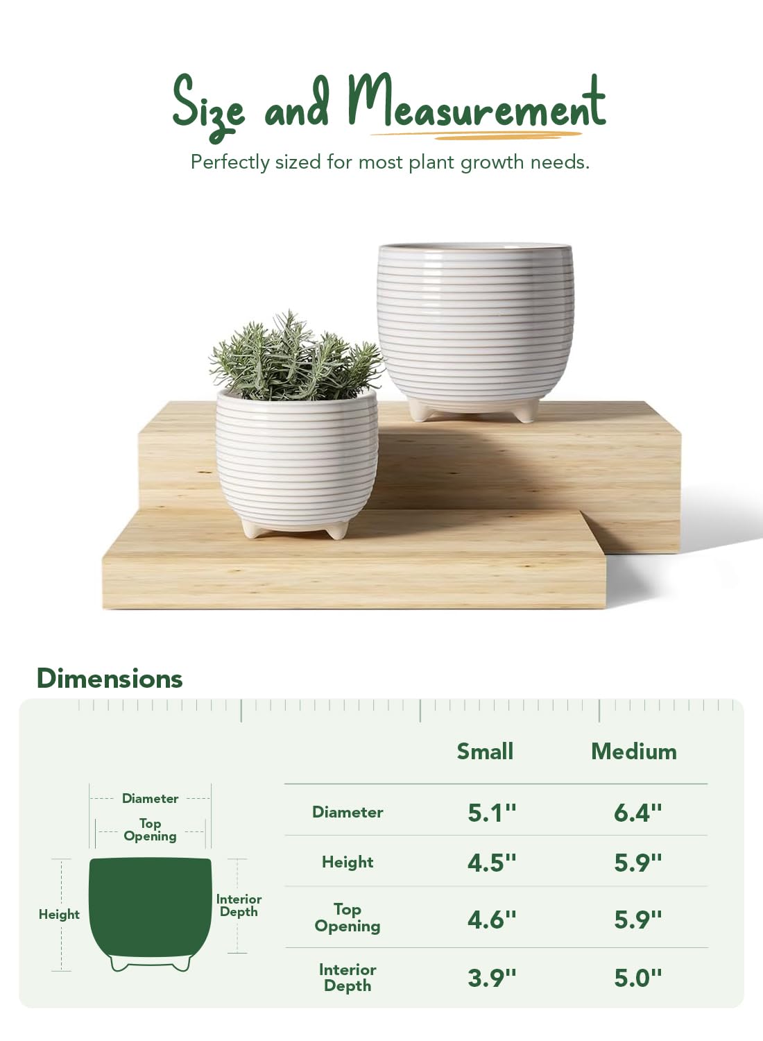 LE TAUCI Ceramic Plant Pots, 5.1 + 6.4 Inch Footed Pots for Plants, Modern Flower Pots for Home and