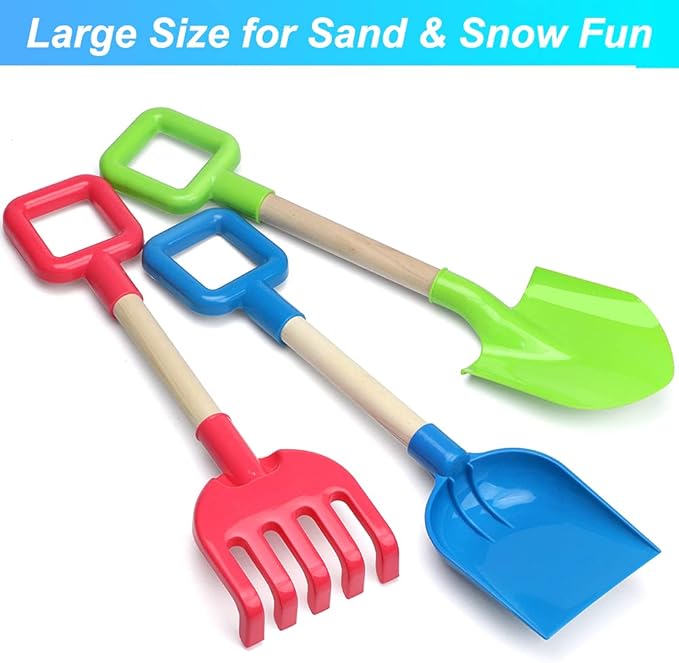 Jumbo Beach Shovels Rake Spade Toys Set for Kids, 16" Long Wooden Handle ABS Plastic Sand Scoop